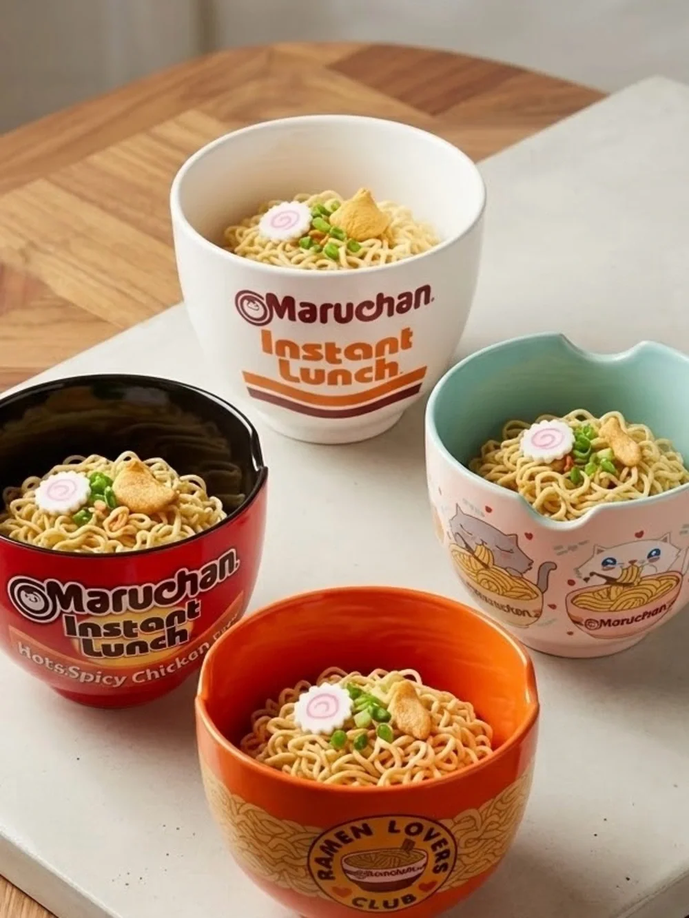 Set of 4 Maruchan Ramen Ceramic Bowls - Kawaii Cats, Hot & Spicy, Noodle Lovers
